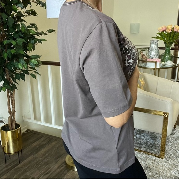 Gerry Weber Short Sleeves Brown Sequined Fitted Top Tee Shirt Sweetheart Neck L - Picture 4 of 12